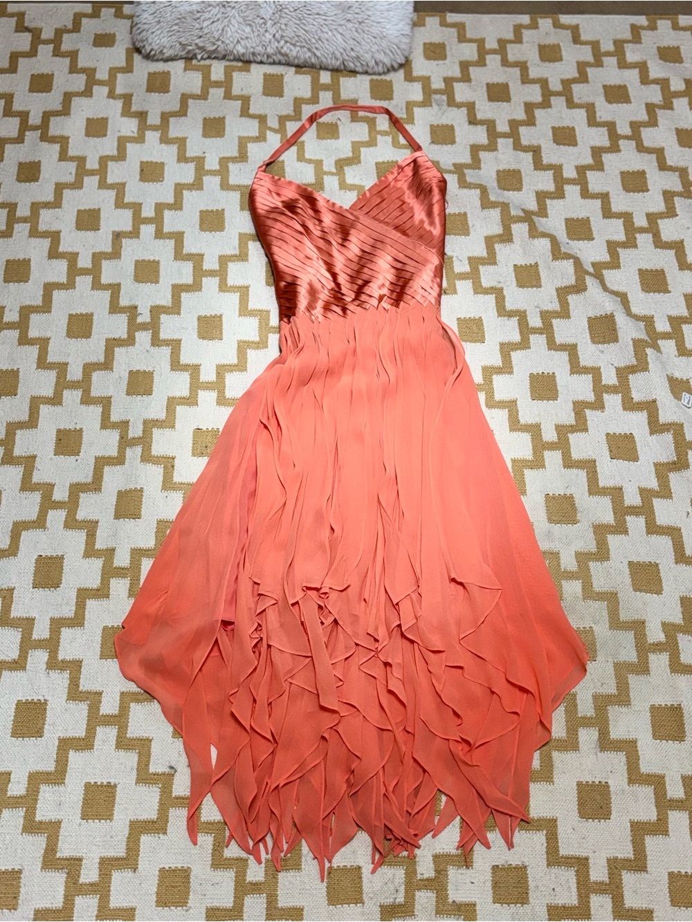 VTG Y2K 100% Silk Coral Halter Dress Handkerchief Hem Ruffle Fairy S/M